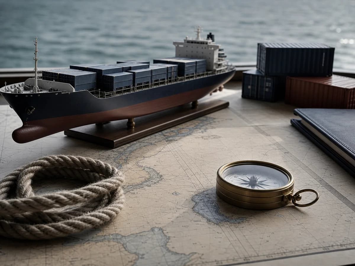 Cargo ship model, maritime chart, rope, and compass