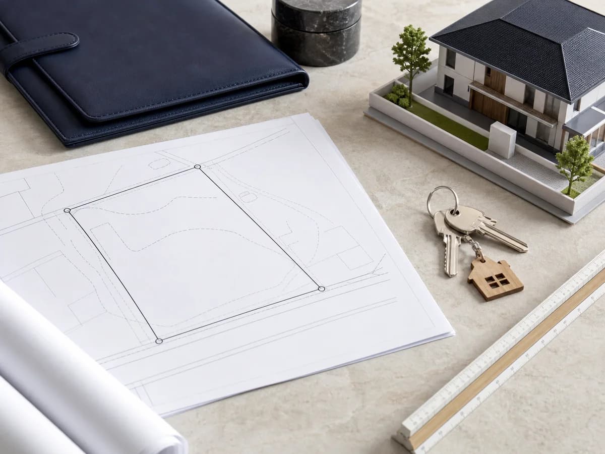 Property survey, architectural model, ruler, and keys