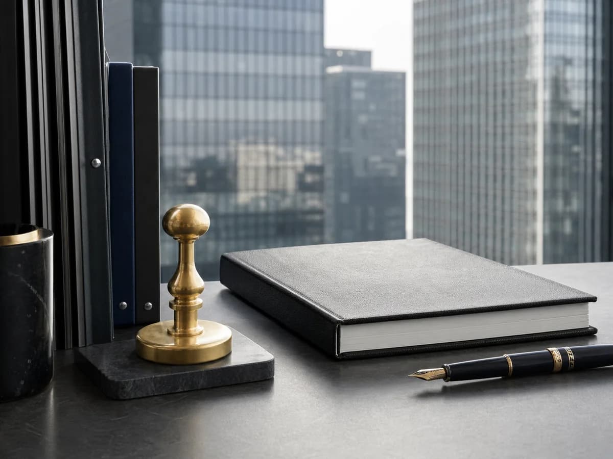 Company register, seal press, pen, and office towers
