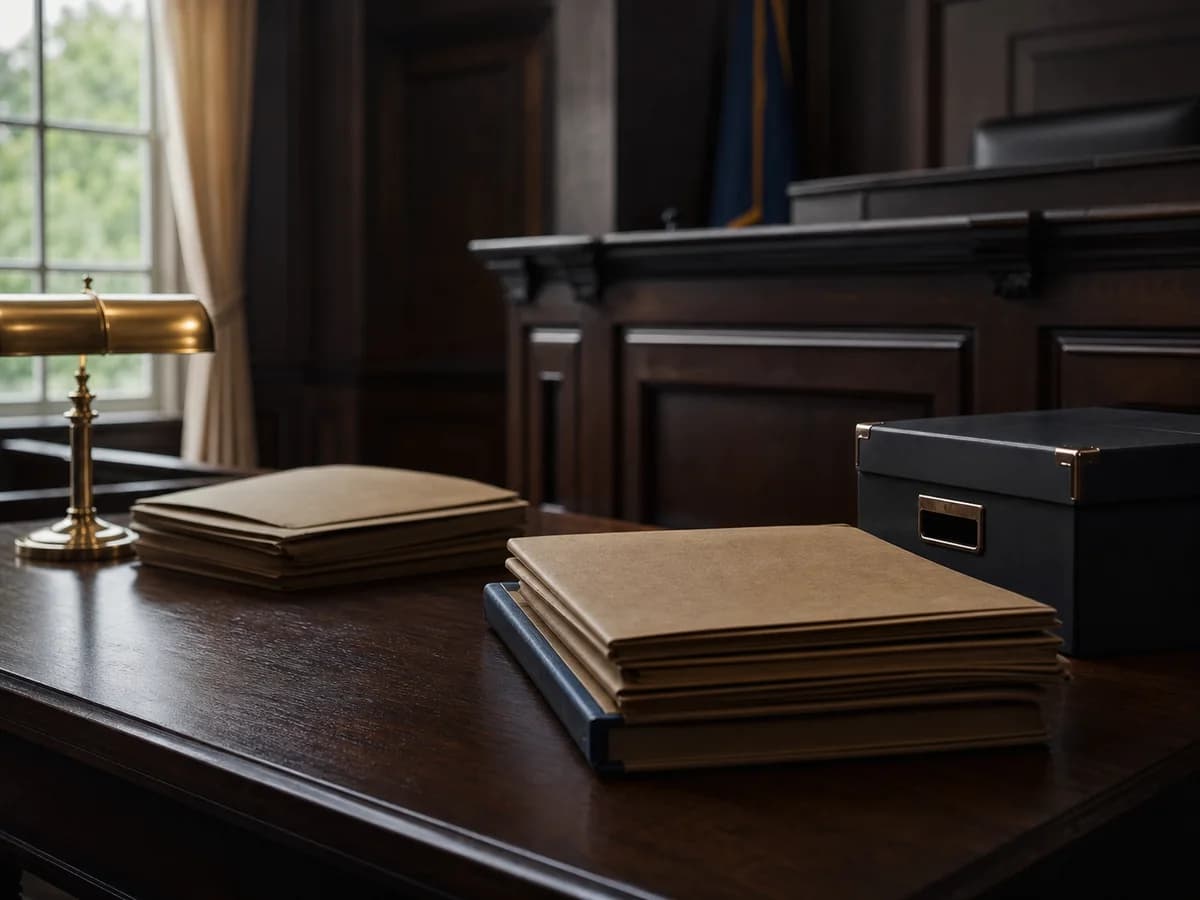 Closed case files on a desk in an empty courtroom