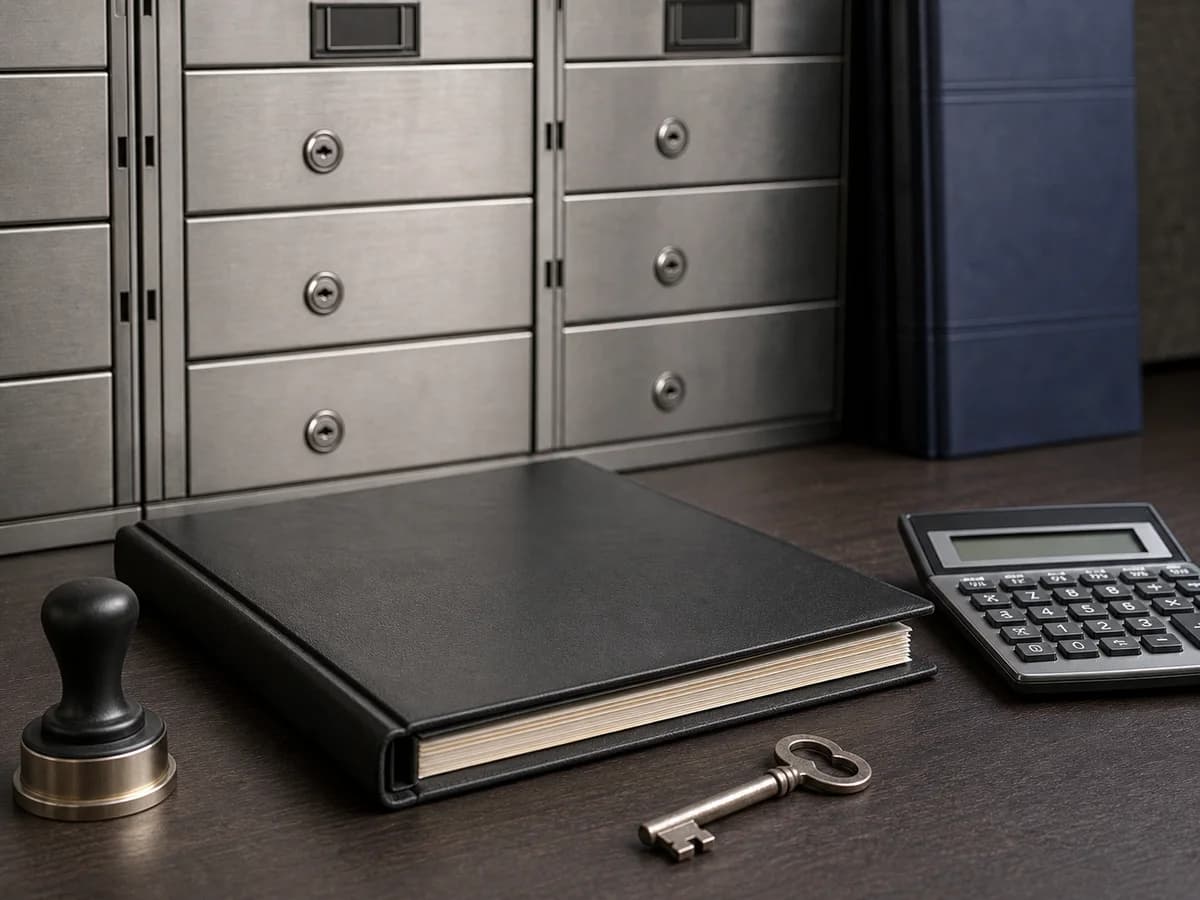 Loan file, safe-deposit boxes, calculator, and collateral key